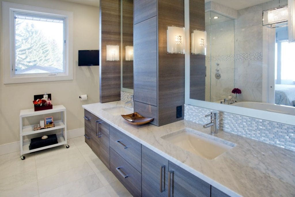Bayview Whole Home Project By Renova Homes & Renovations Calgary, Alberta vanity with full floor to ceiling cabinets