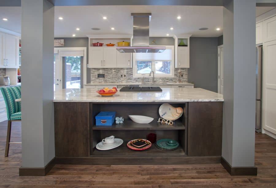 Brentwood Project By Renova Homes & Renovations In Calgary, Alberta Kitche with open shelfs and cabinetry