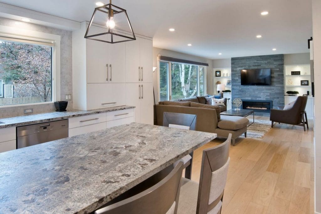 kitchen renovation with granite countertops and wide plank hardwood oak floors
