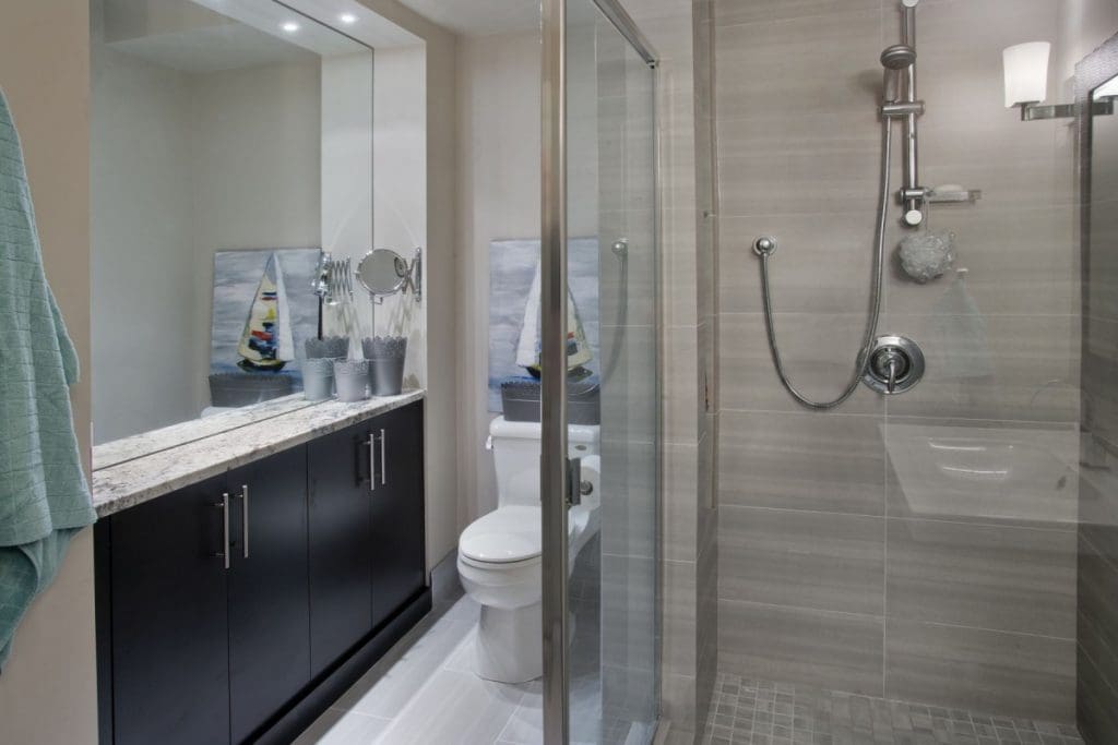Hamptons Basement Project By Renova Homes & Renovations Calgary, Alberta with tiled shower