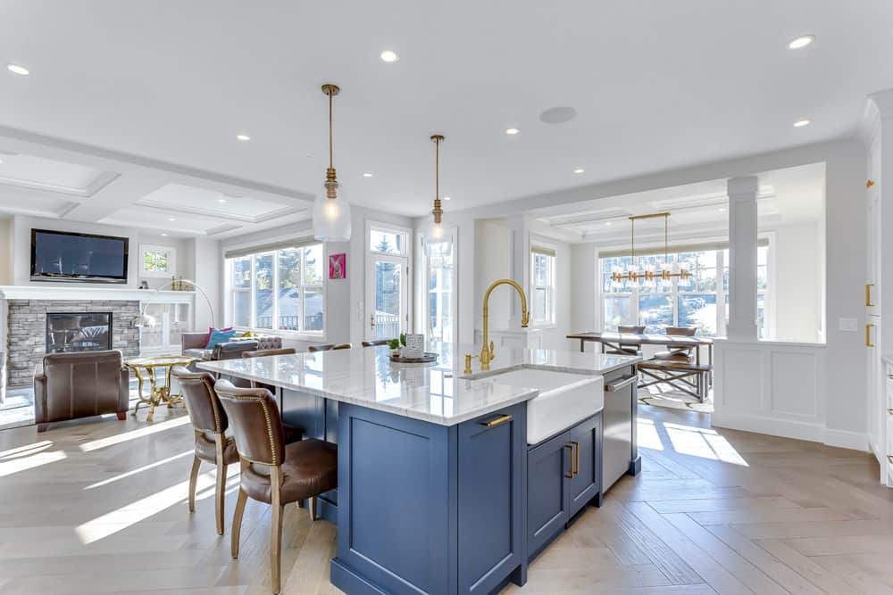 Mount Royal Custom Home kitchen and living room By Renova Homes & Renovations Calgary, Alberta