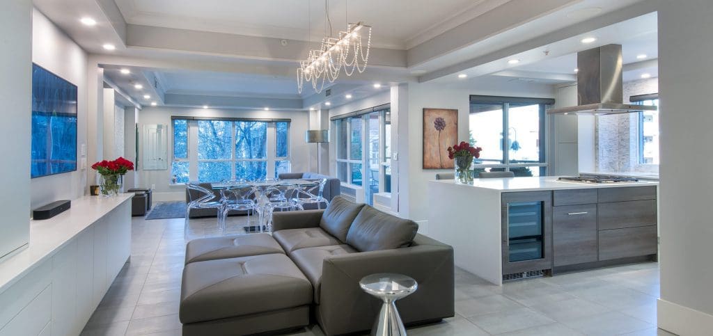 The Princeton By Renova Homes & Renovations In Calgary, Alberta kitchen leading into the living room