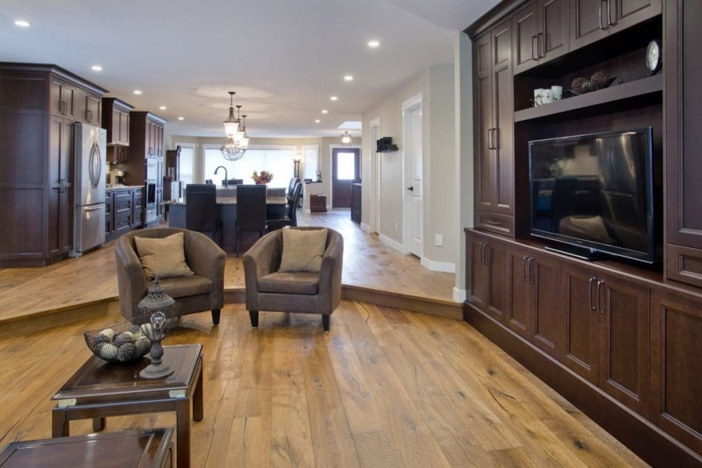 scenic acres home renovations with deep wood cabinets and hardwood