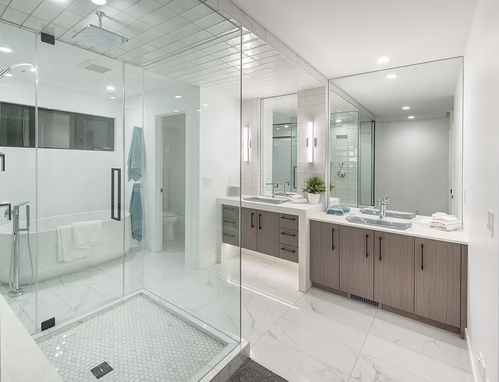 Colingwood Bathroom Renovation By Renova Homes & Renovations In Calgary Master ensuite with glass walk-in shower and stand alone tub