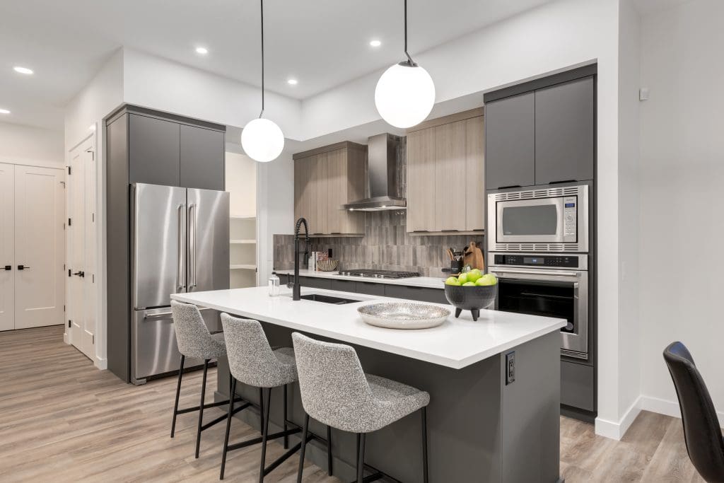 Open concept kitchen grey tones