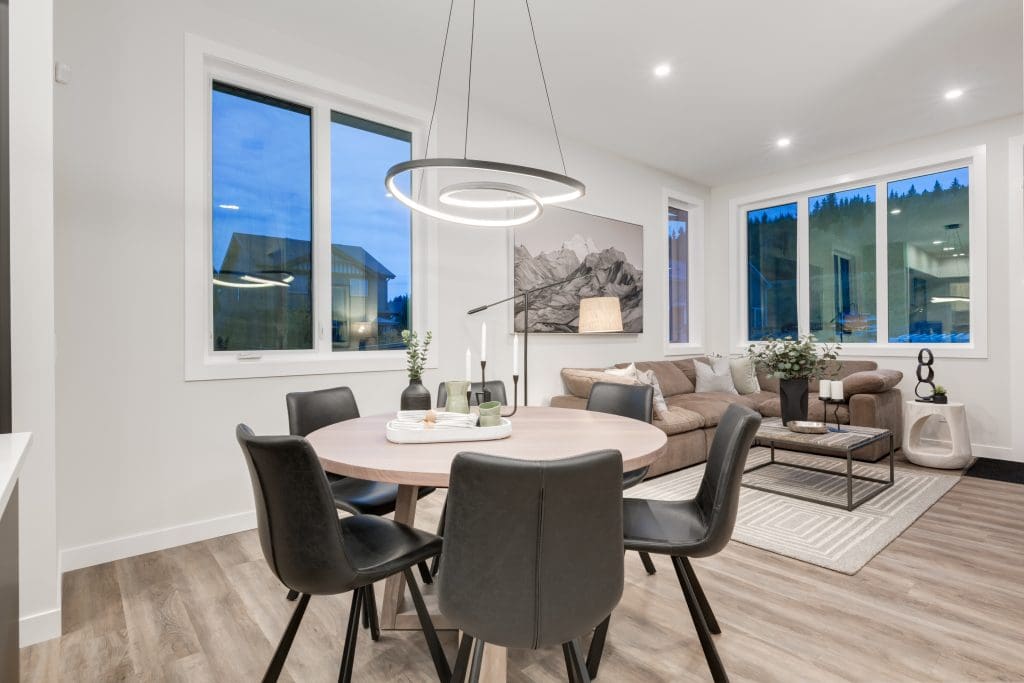 Dining Table and Living Room Neutral tones and leather chairs