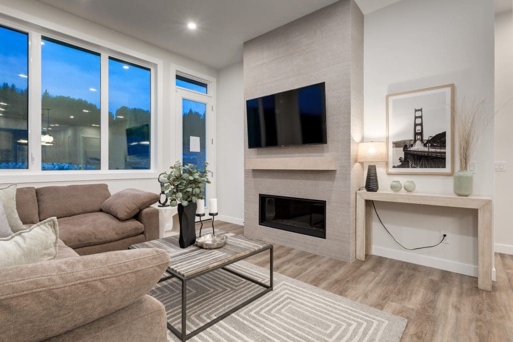 Living Room with large tiled fireplace