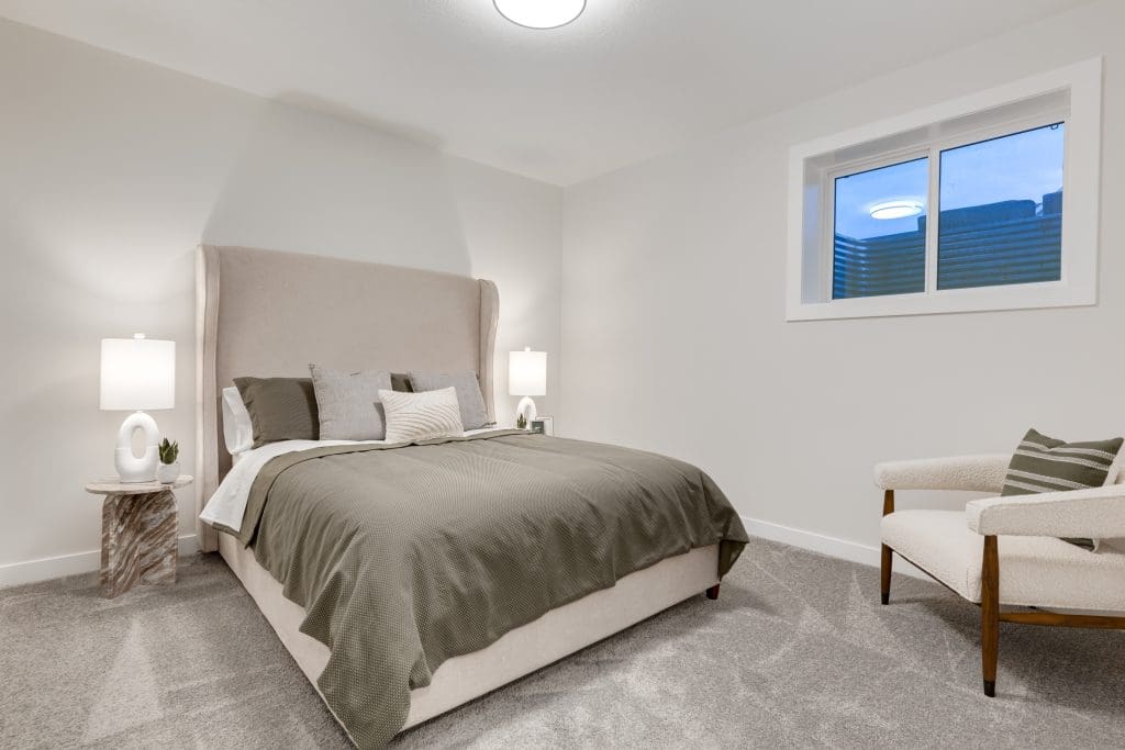 Basement bedroom with tall woven bedframe headboard